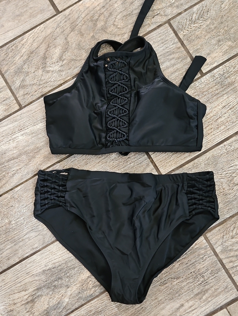 California Sunshine Black Lace-Up High Neck Bikini Set Size Large 12/14